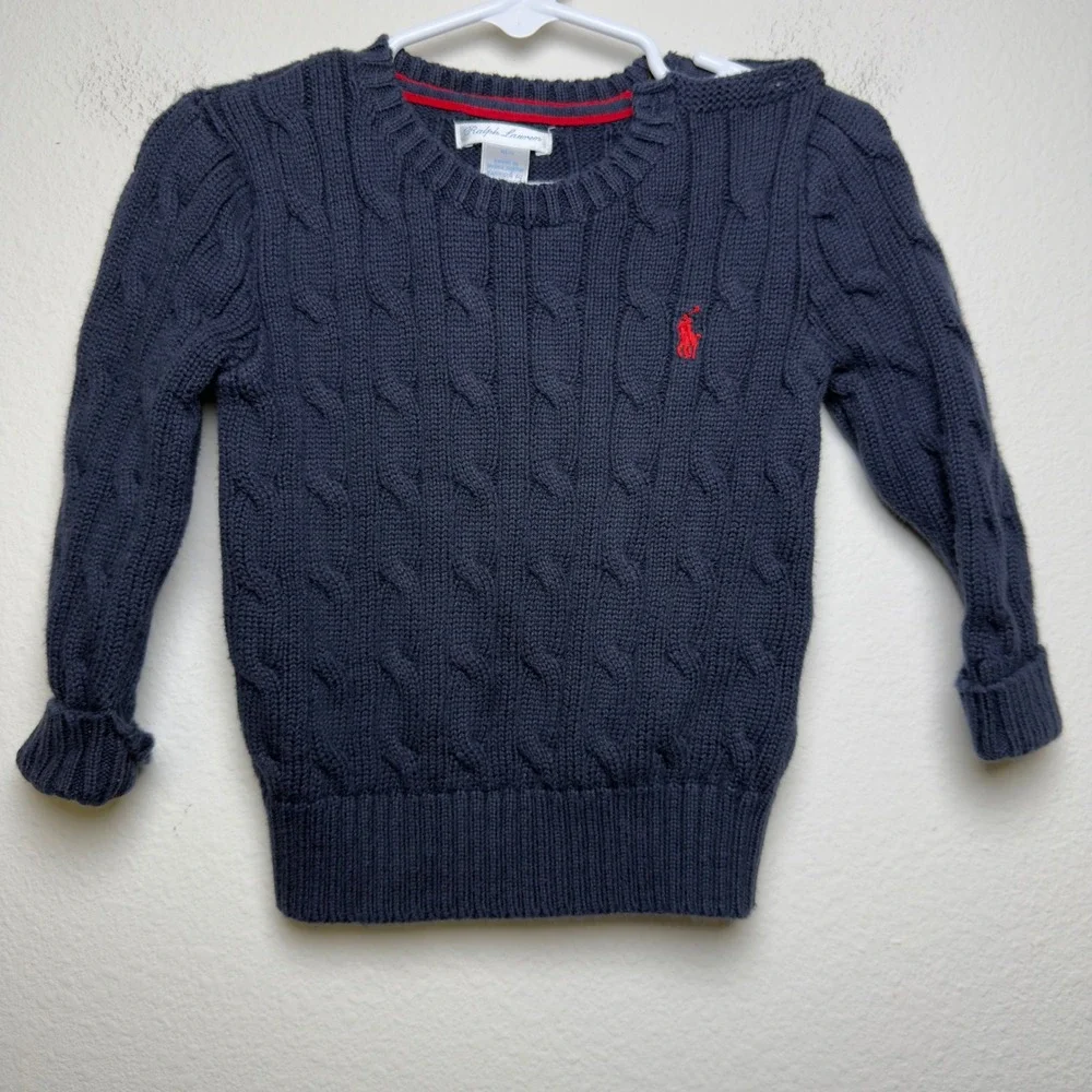 Ralph Lauren Baby Cotton Sweater 18M Navy Blue Cable Knit Pony Logo Button